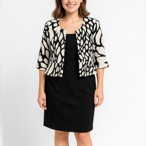 Black Dress with Abstract Print White/ Black Cropped Blazer Sz 14 Office Siren